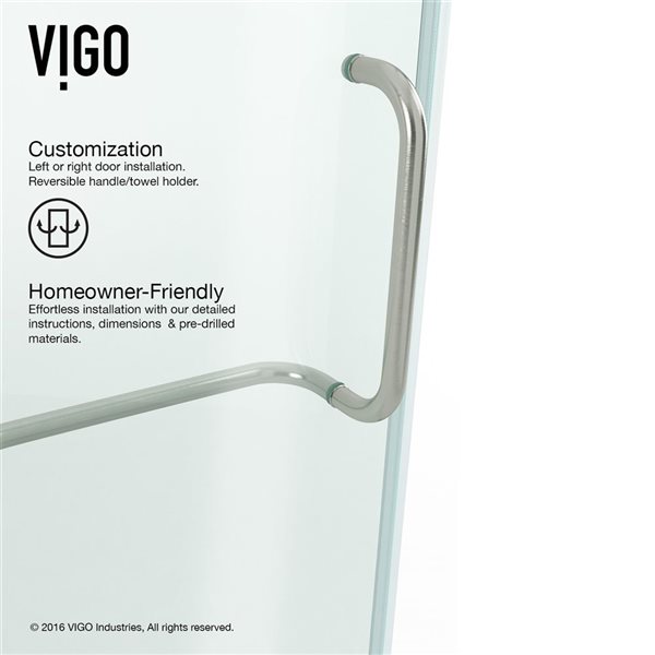 VIGO Pirouette 30 to 36 in. W x 72 in. H Frameless Pivot Shower Door in Brushed Nickel with Clear Glass and Handle