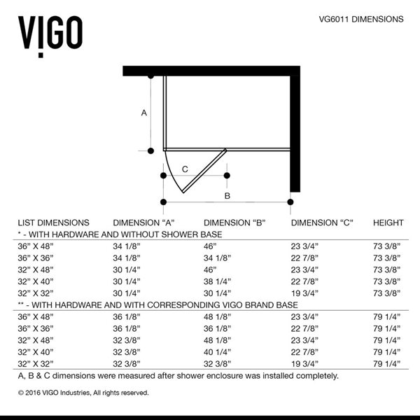 VIGO Monteray 30 in. L x 38 in. W x 73 in. H Frameless Hinged Shower Enclosure in Brushed Nickel with Clear Glass and Handle