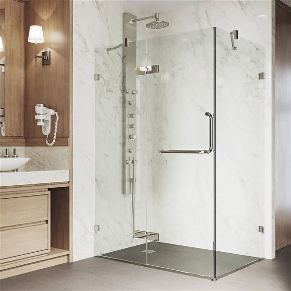 VIGO Monteray 30 in. L x 38 in. W x 73 in. H Frameless Hinged Shower Enclosure in Brushed Nickel with Clear Glass and Handle