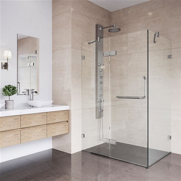 Cabine de douche à charnières sans cadre Monteray de VIGO 30 x 38 x 73 po nickel brossé avec verre transparent et poignée