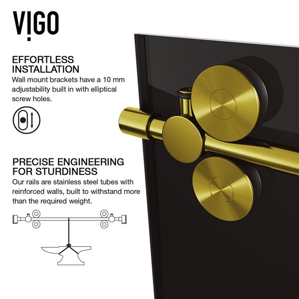 VIGO Elan 56 to 60 in. W x 74 in. H Frameless Sliding Shower Door in Matte Brushed Gold with Clear Glass and Handle