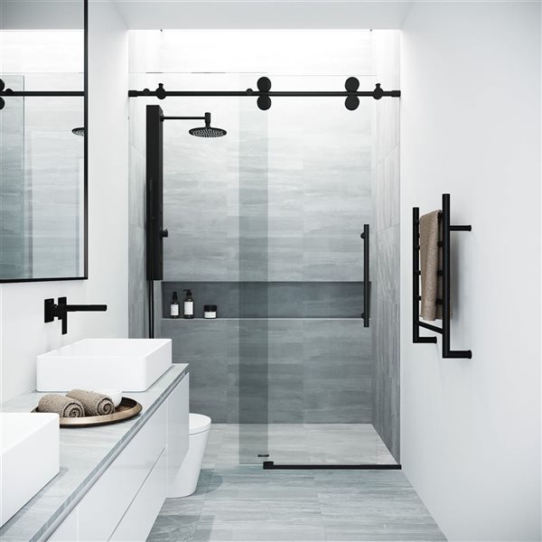 VIGO Elan 48 to 52 in. W x 74 in. H Frameless Sliding Shower Door in Matte Black with Clear Glass and Handle