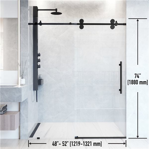 Porte de douche coulissante sans cadre Elan de VIGO 48 à 52 po x 74 po noir mat avec verre transparent et poignée