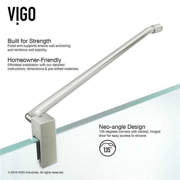 VIGO Piedmont 34 in. W x 73 in. H Frameless Hinged Shower Enclosure in Brushed Nickel with Clear Glass and Handle