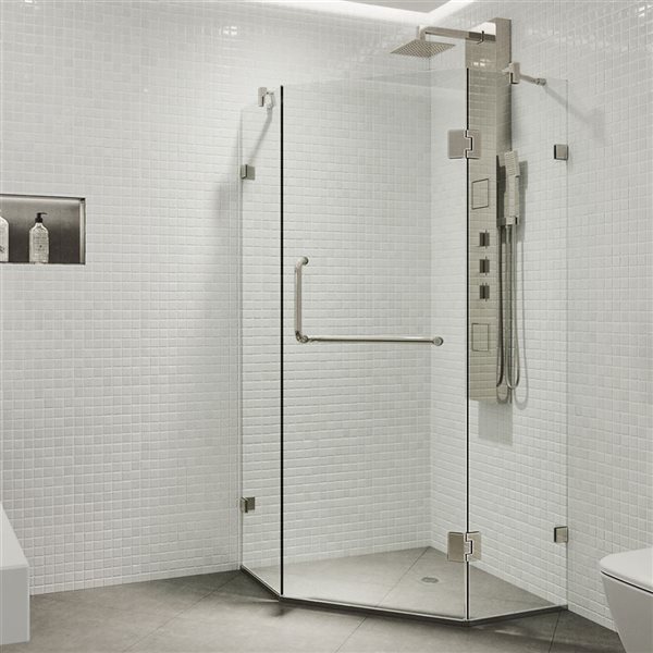 Cabine de douche à charnières sans cadre Piedmont de VIGO 34 x 73 po nickel brossé avec verre transparent et poignée