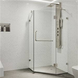 VIGO Piedmont 34 in. W x 73 in. H Frameless Hinged Shower Enclosure in Brushed Nickel with Clear Glass and Handle