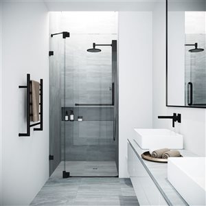 VIGO Pirouette 30 to 36 in. W x 72 in. H Frameless Pivot Shower Door in Matte Black with Clear Glass and Handle