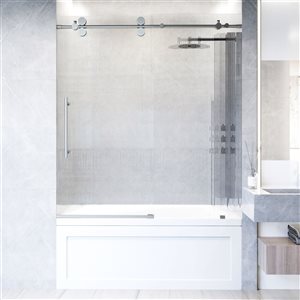 Porte de baignoire coulissante sans cadre Elan de VIGO acier inoxydable avec verre cannelé 60 po x 66 po