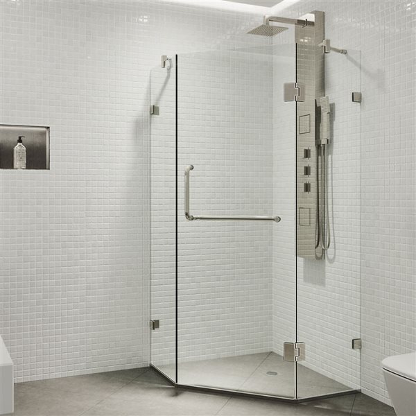 Cabine de douche à charnières sans cadre Piedmont de VIGO 38 x 73 po nickel brossé avec verre transparent et poignée