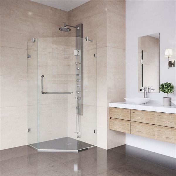 Cabine de douche à charnières sans cadre Piedmont de VIGO 38 x 73 po nickel brossé avec verre transparent et poignée