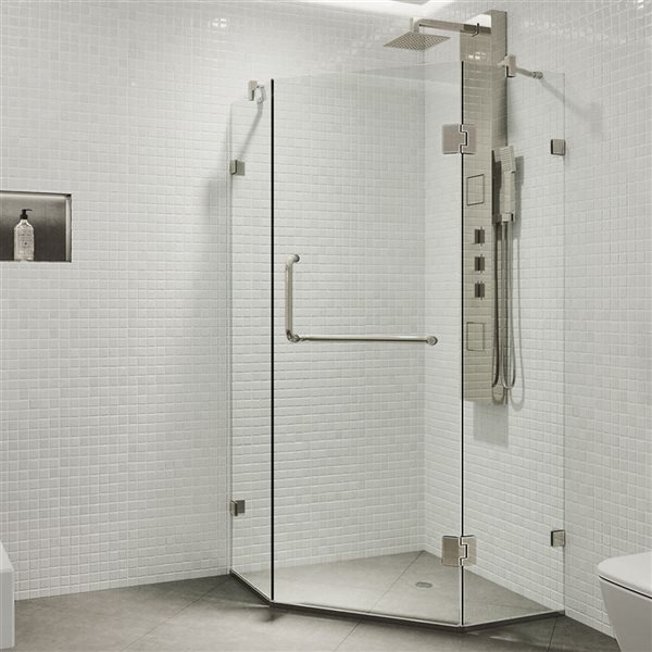 VIGO Piedmont 36 in. W x 73 in. H Frameless Hinged Shower Enclosure in Brushed Nickel with Clear Glass and Handle