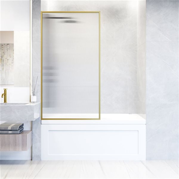 VIGO Meridian 34" x 62" Fixed Frame Tub Screen in Matte Brushed Gold with Fluted Glass