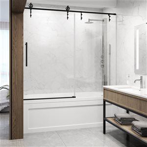 Porte baignoire coulissante Hamilton de VIGO en noir mat et verre transparent de 56 x 60 x 78 po