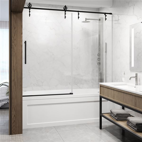 VIGO Hamilton 56 in. to 60 in. W x 78 in. H Sliding Tub Door in Matte Black with Clear Glass