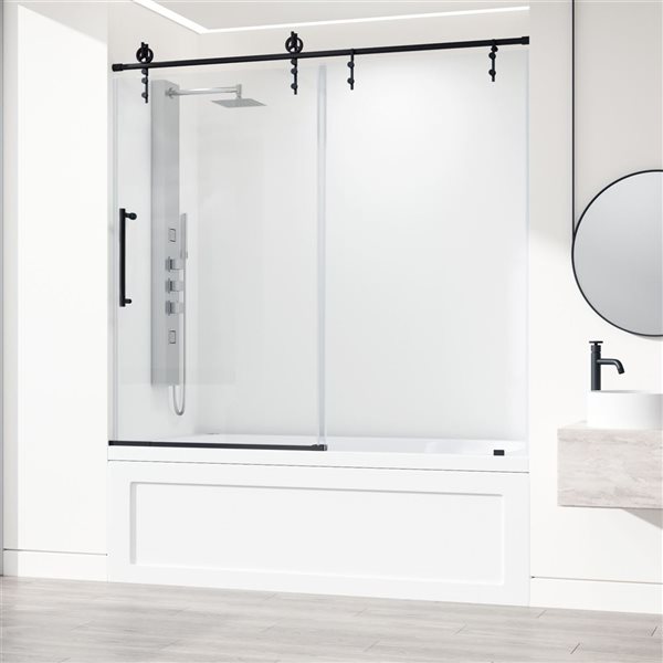 Porte baignoire coulissante Hamilton de VIGO en noir mat et verre transparent de 56 x 60 x 78 po