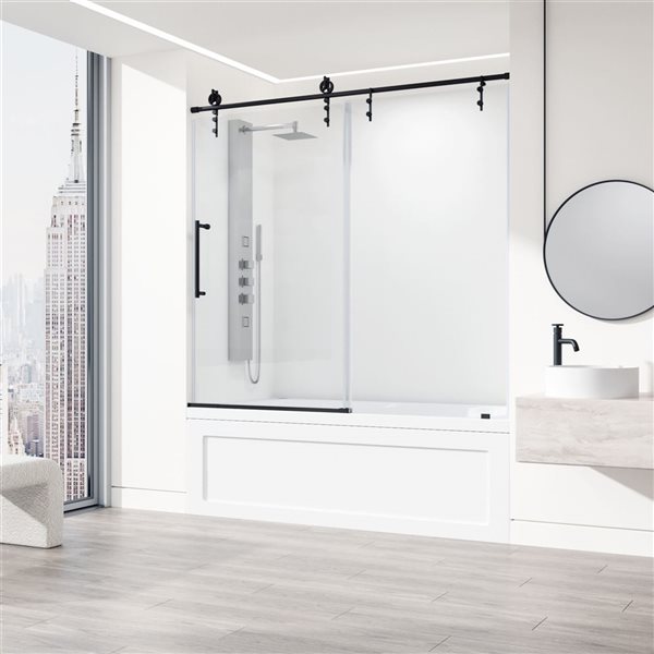 Porte baignoire coulissante Hamilton de VIGO en noir mat et verre transparent de 56 x 60 x 78 po