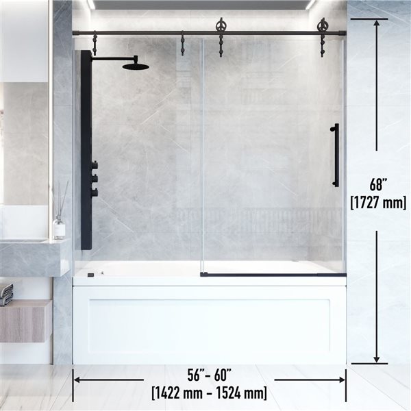 Porte baignoire coulissante Hamilton de VIGO en noir mat et verre transparent de 56 x 60 x 78 po