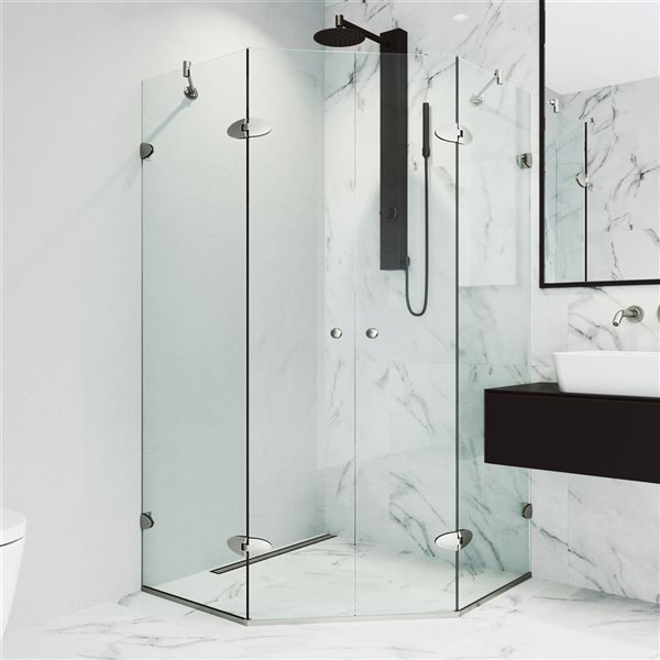 Cabine de douche à charnières sans cadre Gemini VIGO 45 x 73 po nickel brossé avec verre transparent et poignée