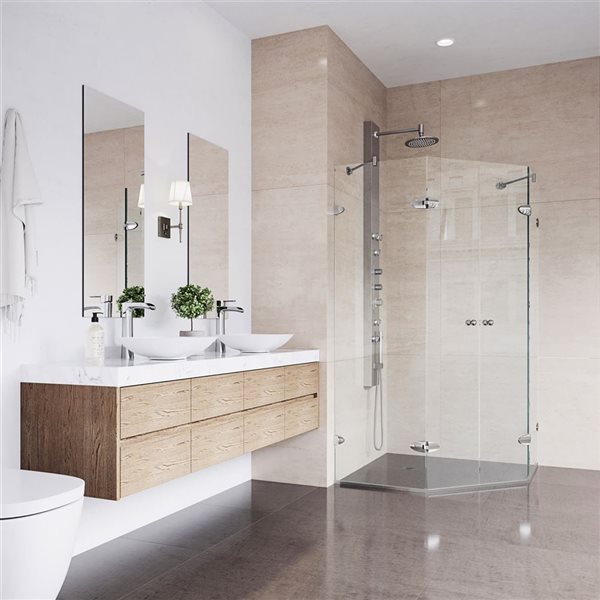 Cabine de douche à charnières sans cadre Gemini VIGO 45 x 73 po nickel brossé avec verre transparent et poignée