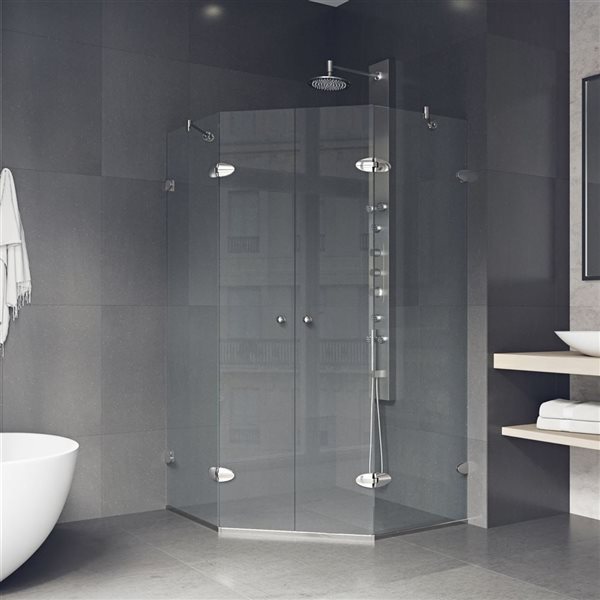 Cabine de douche à charnières sans cadre Gemini VIGO 45 x 73 po nickel brossé avec verre transparent et poignée