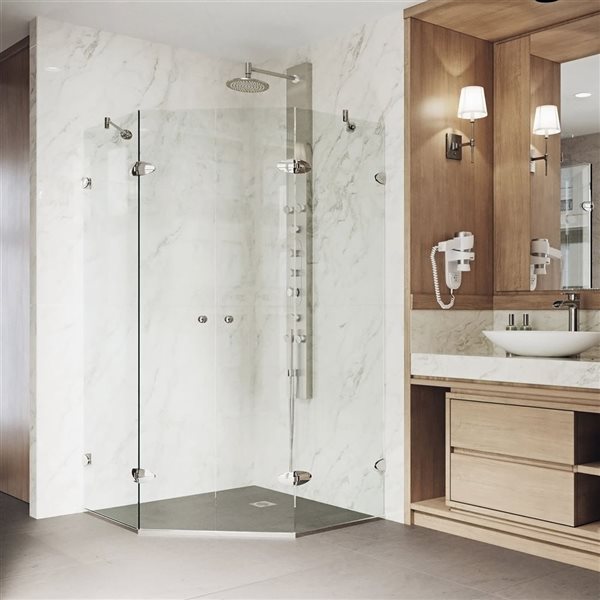 Cabine de douche à charnières sans cadre Gemini VIGO 45 x 73 po nickel brossé avec verre transparent et poignée