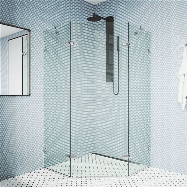 Cabine de douche à charnières sans cadre Gemini de VIGO 45 x 73 po chrome avec verre transparent et poignée