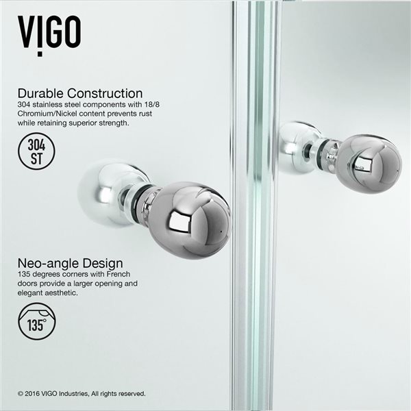 VIGO Gemini 45 in. W x 73 in. H Frameless Hinged Shower Enclosure in Chrome with Clear Glass and Handle