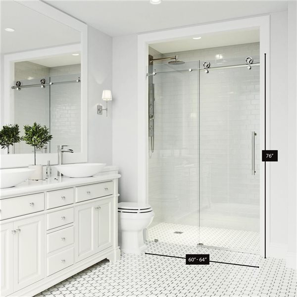 Porte de douche coulissante sans cadre Elan Cass Aerodynamic de VIGO 60 à 64 x 76 po inox avec verre transparent