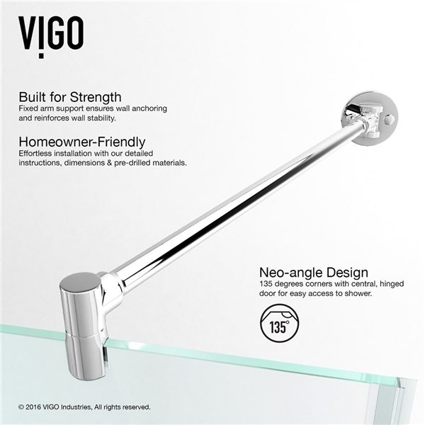 VIGO Verona 34 in. W x 73 in. H Frameless Hinged Shower Enclosure in Chrome with Clear Glass and Handle