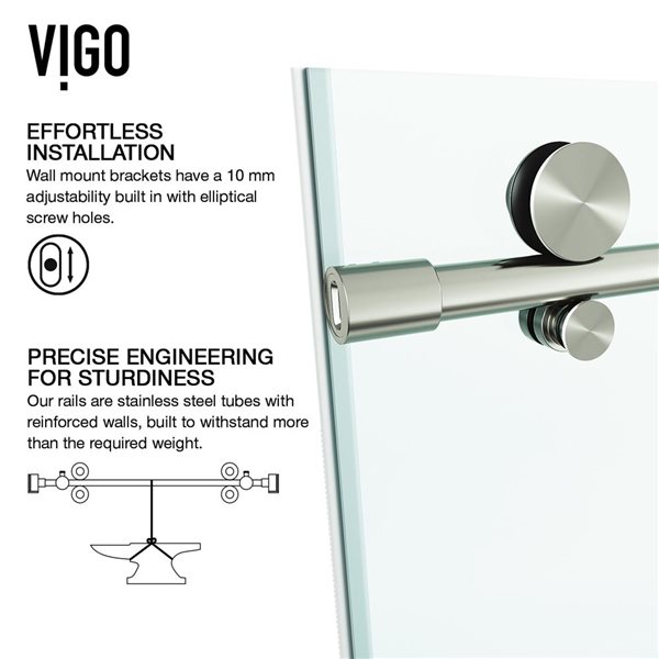 VIGO Elan E-Class 48 to 52 in. W x 76 in. H Frameless Sliding Shower Door in Stainless Steel with Clear Glass and Handle