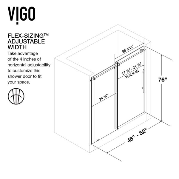 VIGO Elan E-Class 48 to 52 in. W x 76 in. H Frameless Sliding Shower Door in Stainless Steel with Clear Glass and Handle