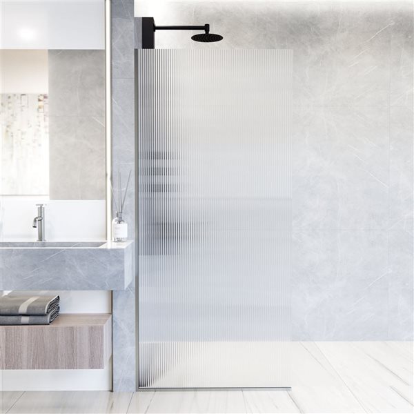 VIGO Zenith 34 in. W x 74 in. H Frameless Fixed Shower Screen in Stainless Steel with Fluted Glass