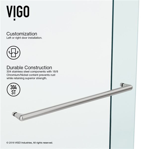 VIGO Ferrara 72 to 73 in. W x 74 in. H Frameless Sliding Shower Door in Stainless Steel with Clear Glass and Handle