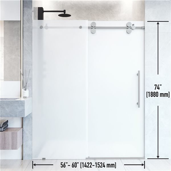 Porte de douche coulissante sans cadre Elan de VIGO 56 à 60 x 74 po inox avec verre transparent et poignée