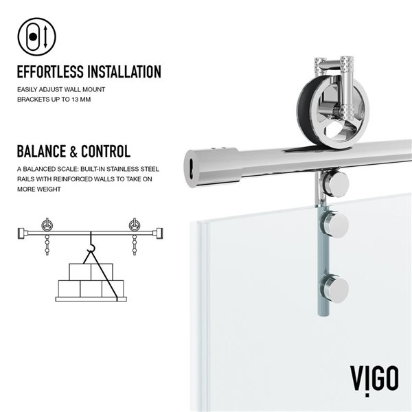 Porte de douche coulissante sans cadre Hamilton de VIGO 56 à 60 x 78 po chrome avec verre transparent et poignée