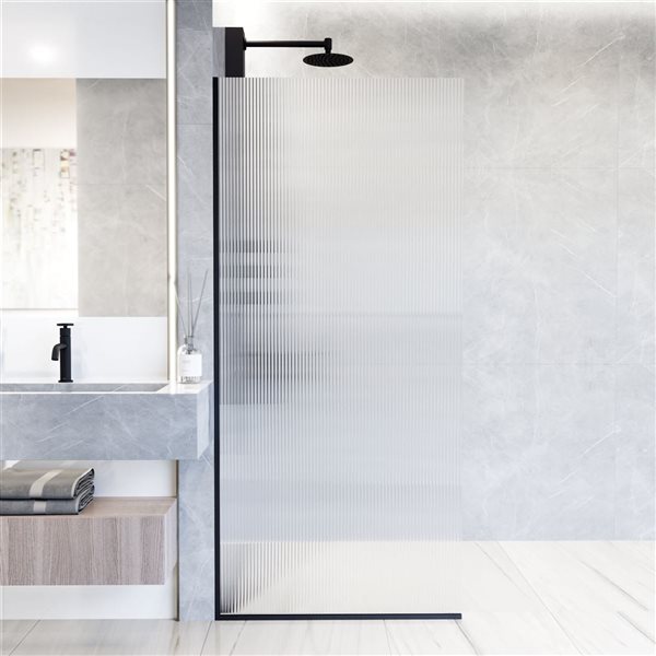 VIGO Zenith 34 in. W x 74 in. H Frameless Fixed Shower Screen in Matte Black with Fluted Glass