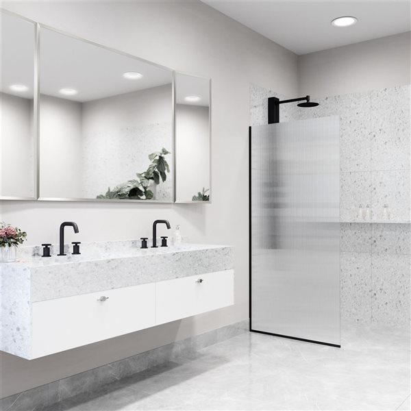 VIGO Zenith 34 in. W x 74 in. H Frameless Fixed Shower Screen in Matte Black with Fluted Glass