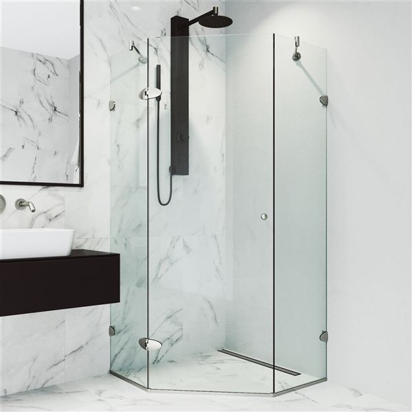 VIGO Verona 38 in. W x 73 in. H Frameless Hinged Shower Enclosure in Brushed Nickel with Clear Glass and Handle