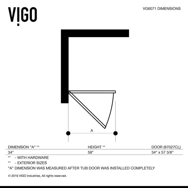 VIGO Orion 34 in. W x 58 in. H Hinged Frameless Tub Door in Stainless Steel with 5/16 in. (8mm) Clear Glass