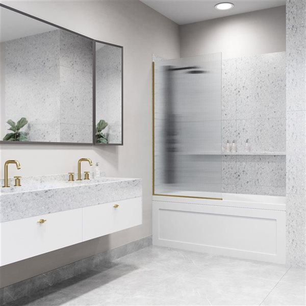 VIGO Zenith 34 in. x 62 in. Frameless Fixed Tub Screen in Matte Brushed Gold with Fluted Glass