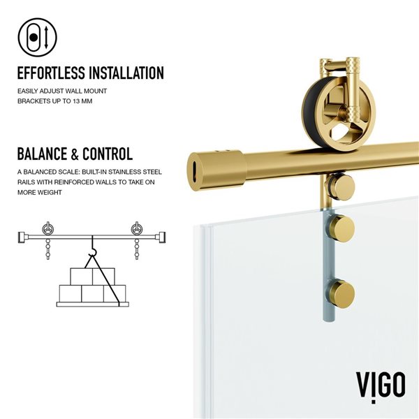 VIGO Hamilton 56 to 60 in. W x 78 in. H Frameless Sliding Shower Door in Matte Brushed Gold with Clear Glass and Handle