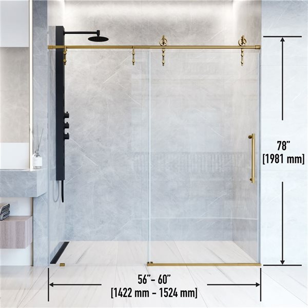 Porte de douche coulissante sans cadre Hamilton de VIGO 56 à 60 x 78 po or brossé mat avec verre transparent et poignée