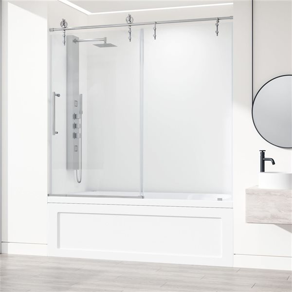 Porte baignoire coulissante Hamilton de VIGO en chrome et verre transparent de 56 x 60 x 78 po