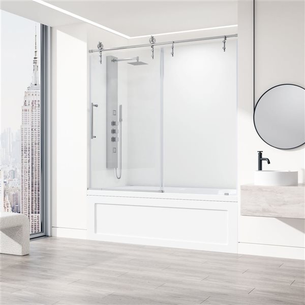 Porte baignoire coulissante Hamilton de VIGO en chrome et verre transparent de 56 x 60 x 78 po