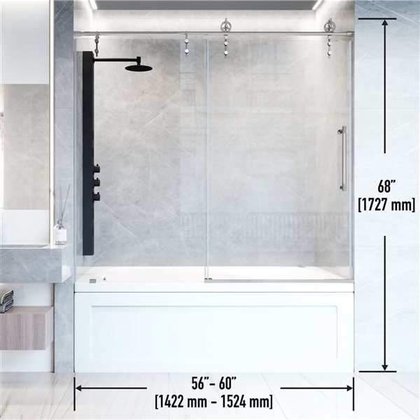 Porte baignoire coulissante Hamilton de VIGO en chrome et verre transparent de 56 x 60 x 78 po