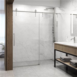 VIGO Hamilton 56 to 60 in. W x 78 in. H Frameless Sliding Shower Door in Stainless Steel with Clear Glass and Handle