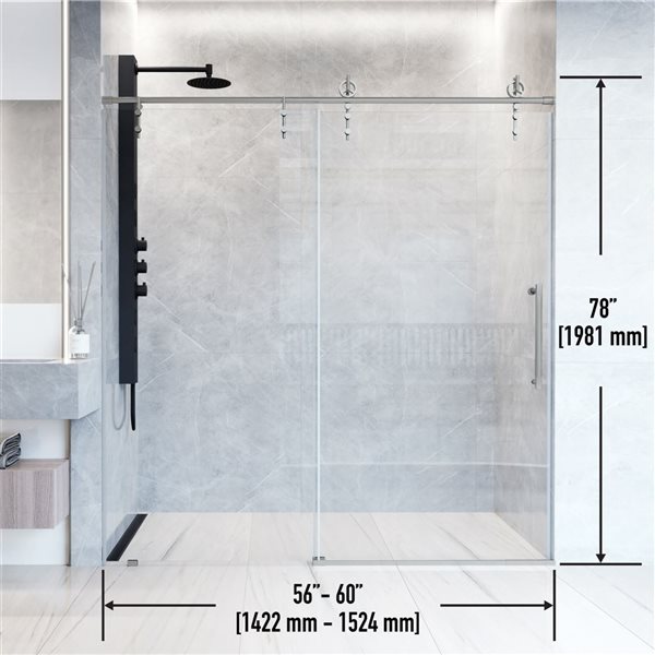 Porte de douche coulissante sans cadre Hamilton de VIGO 56 à 60 po x 78 po inox avec verre transparent et poignée