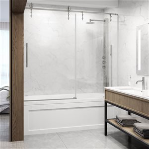 VIGO Hamilton 56 in. to 60 in. W x 78 in. H Sliding Tub Door in Stainless Steel with Clear Glass