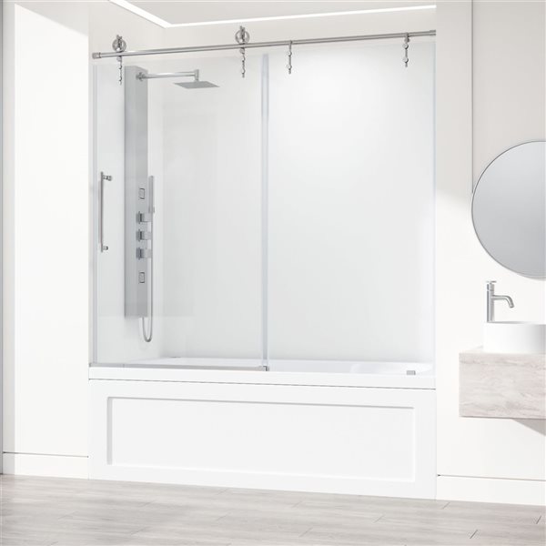 Porte baignoire coulissante Hamilton de VIGO en acier inox et verre transparent 56 x 60 x 78 po