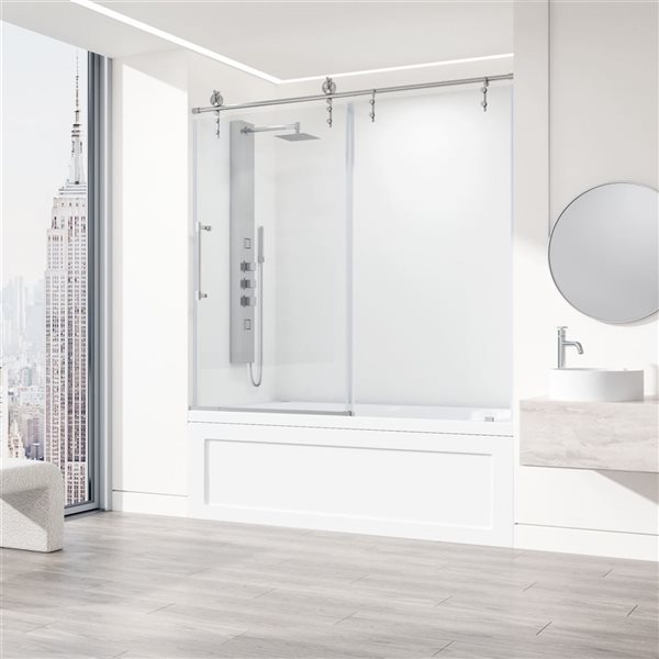 Porte baignoire coulissante Hamilton de VIGO en acier inox et verre transparent 56 x 60 x 78 po